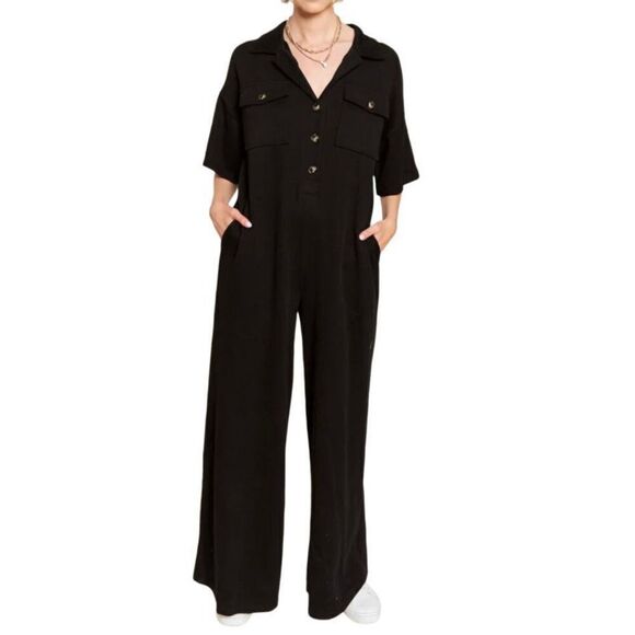 Jade by Jane Black Knit Button Front Wide Leg Jumpsuit - Picture 1 of 9